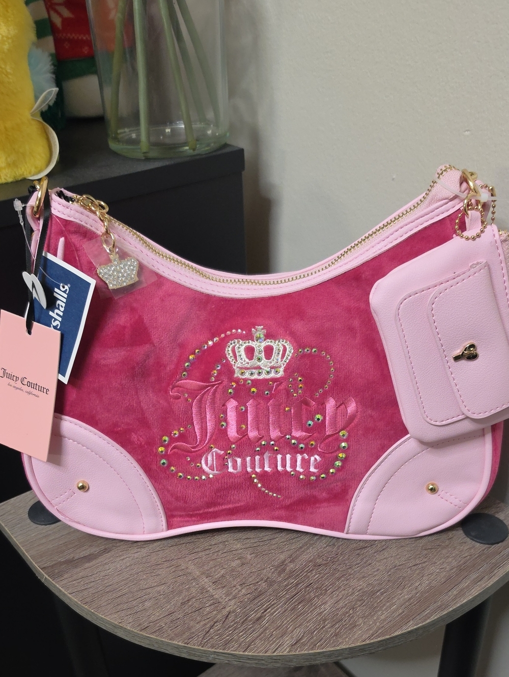 BNWT-Juicy Couture Two-Tone Pink Velour Shoulder Bag with Logo